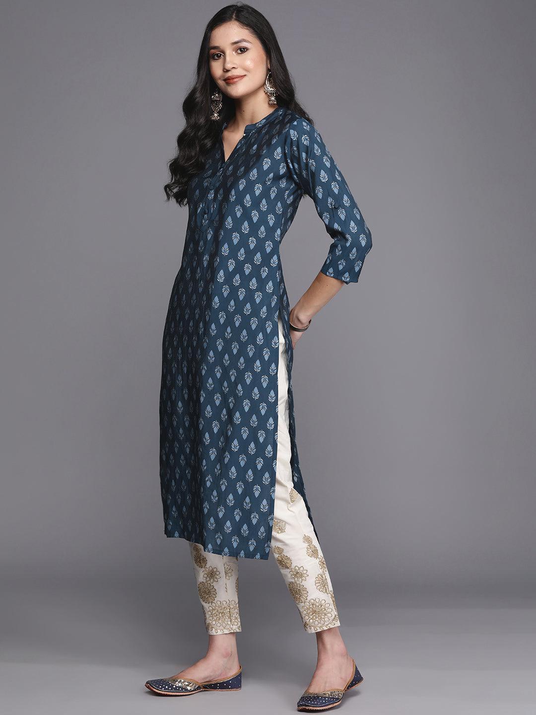 Blue Printed Silk Straight Kurta