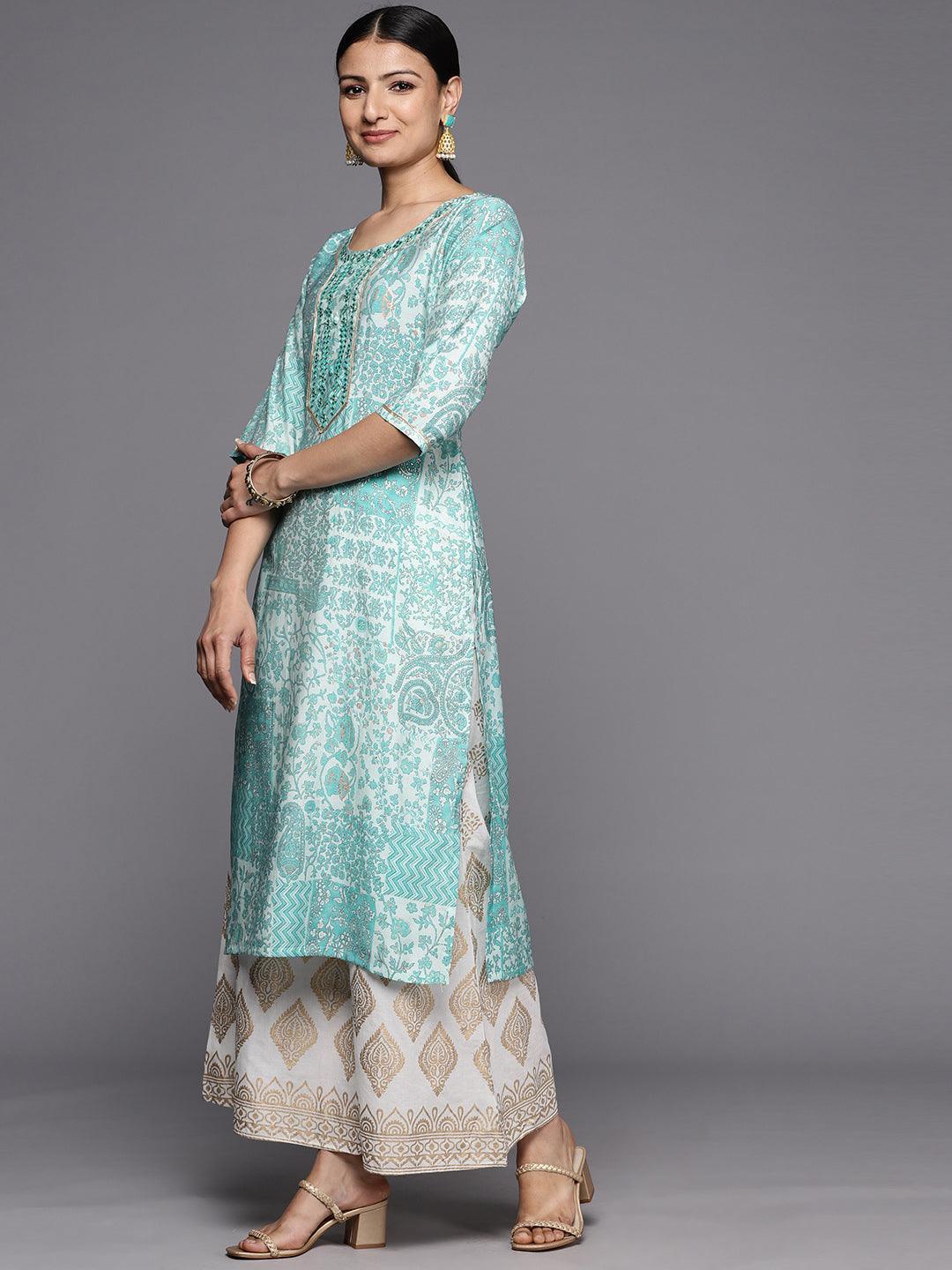 Blue Printed Silk Straight Kurta