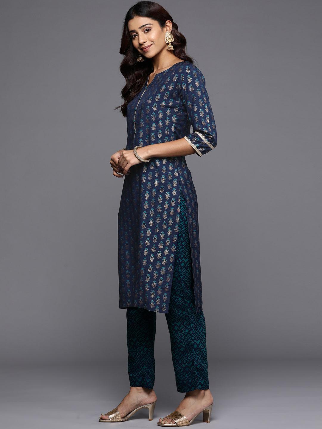 Blue Printed Silk Straight Kurta - ShopLibas