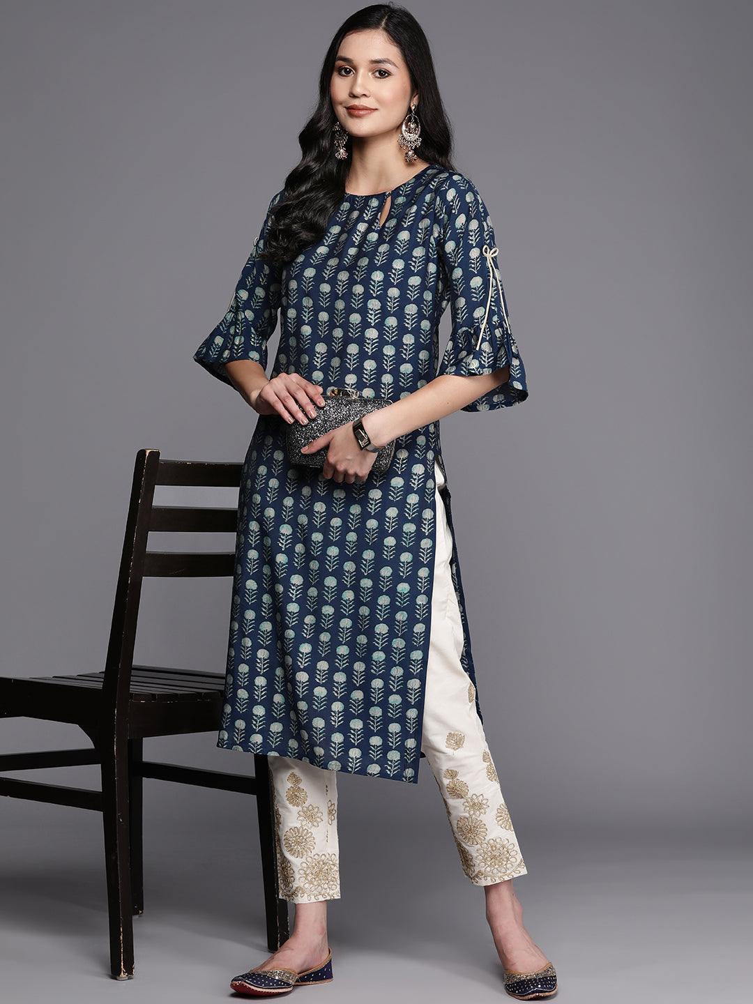 Blue Printed Silk Straight Kurta