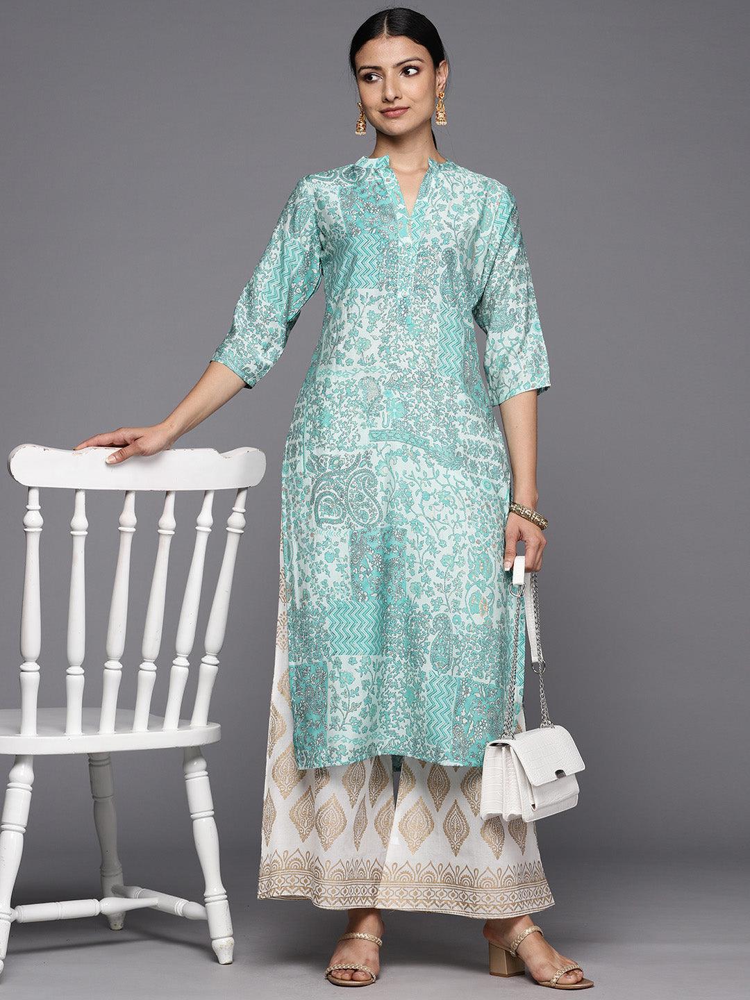 Blue Printed Silk Straight Kurta