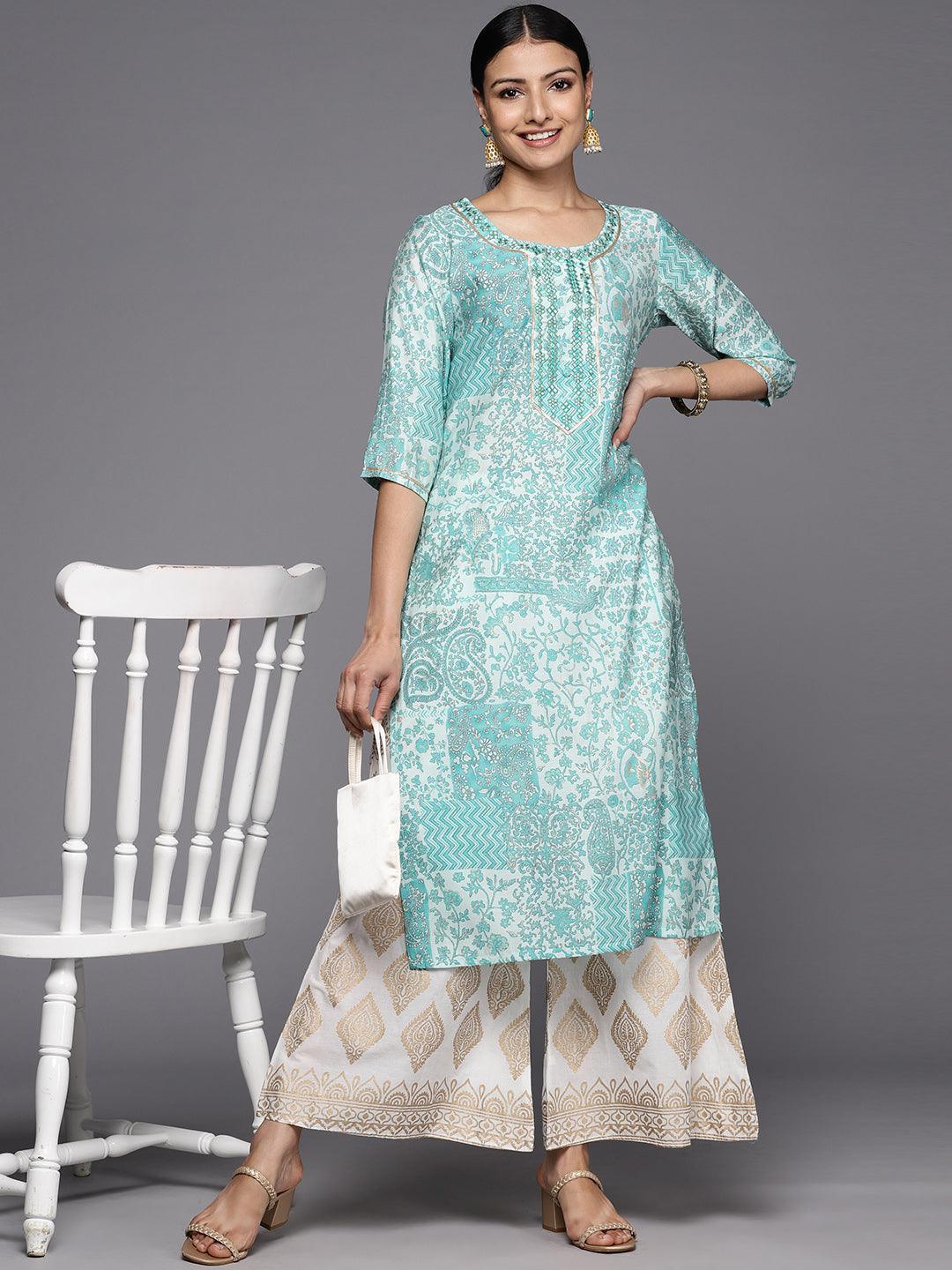 Blue Printed Silk Straight Kurta