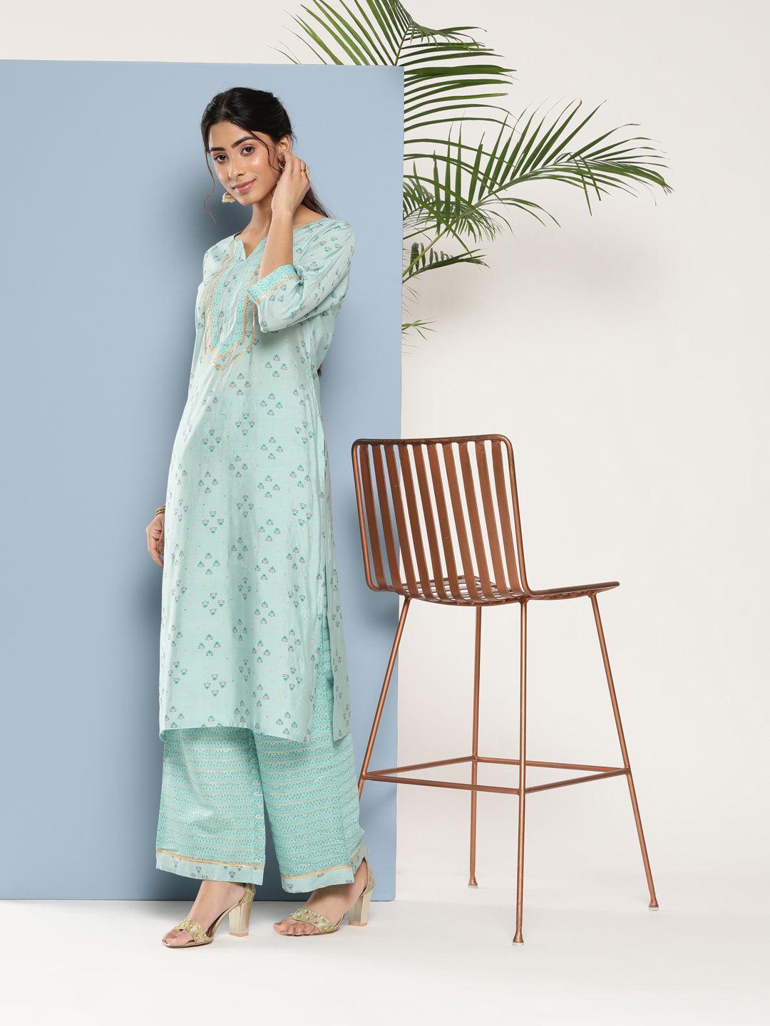 Blue Printed Silk Straight Kurta - ShopLibas