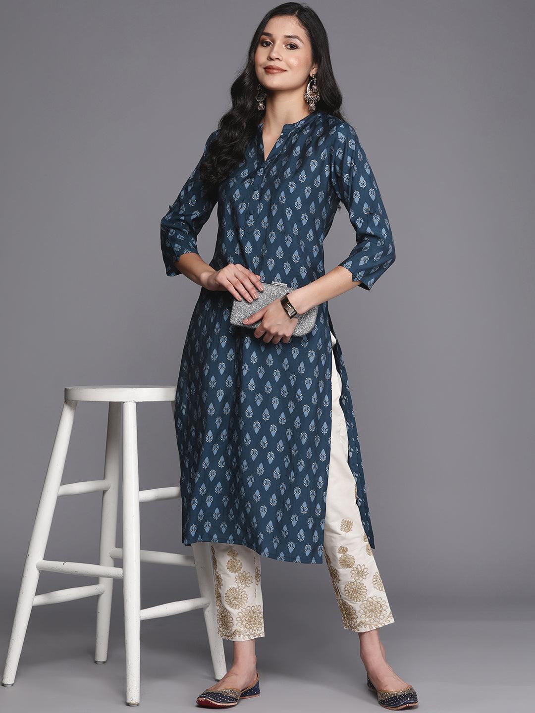 Blue Printed Silk Straight Kurta