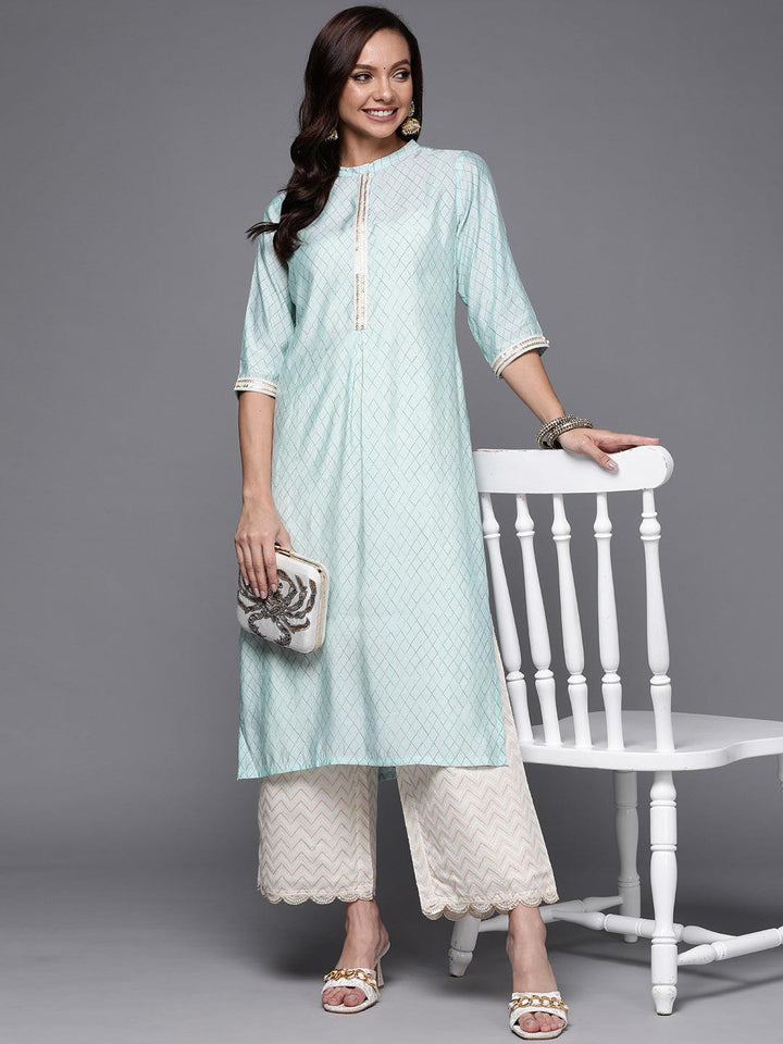 Blue Printed Silk Straight Kurta - ShopLibas