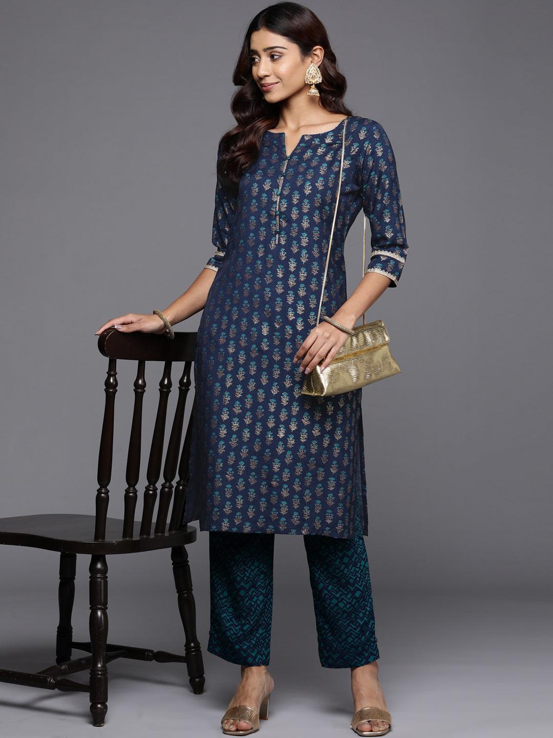 Blue Printed Silk Straight Kurta - ShopLibas