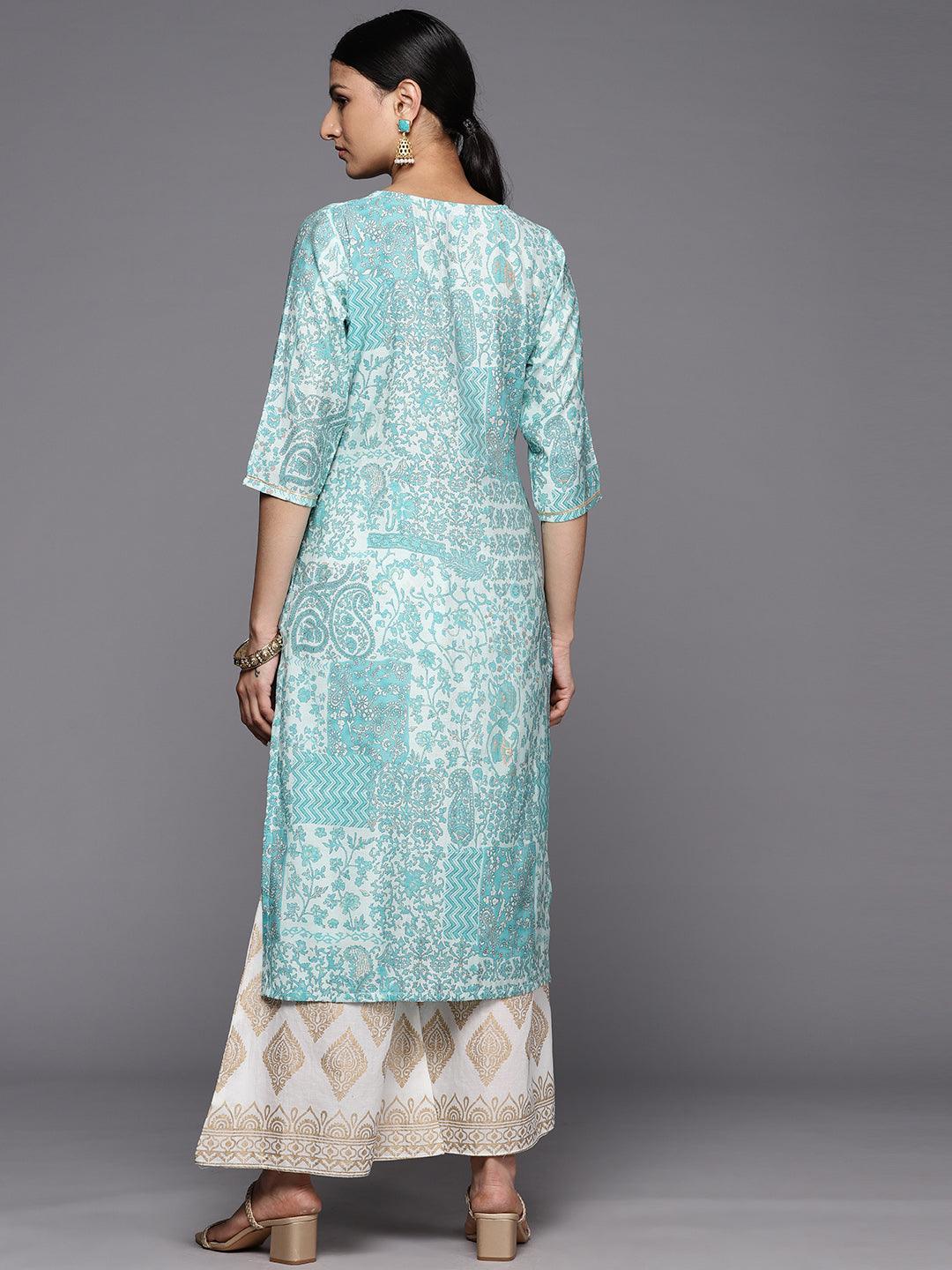 Blue Printed Silk Straight Kurta