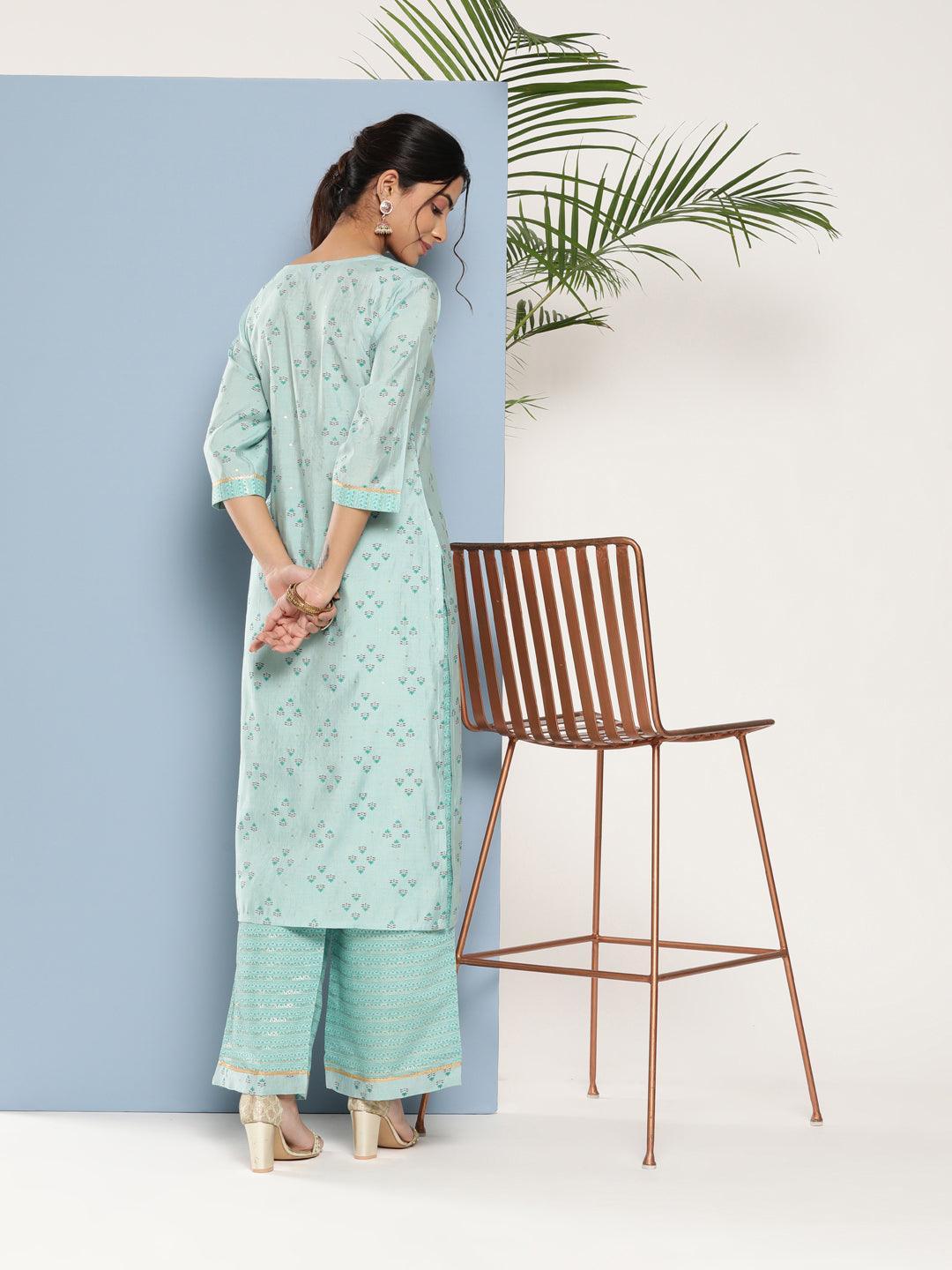 Blue Printed Silk Straight Kurta