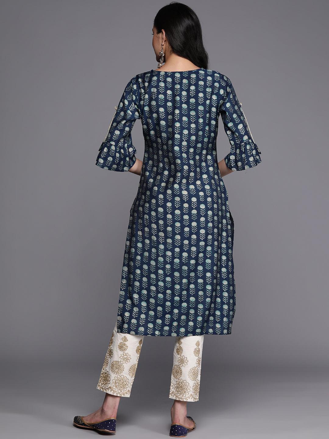 Blue Printed Silk Straight Kurta