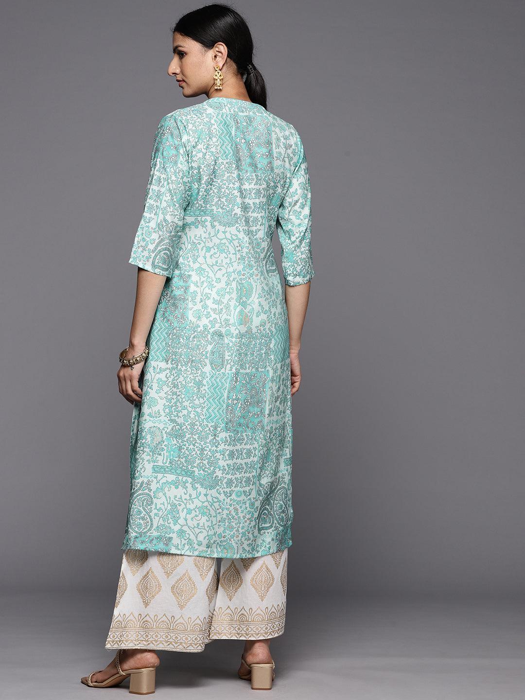 Blue Printed Silk Straight Kurta