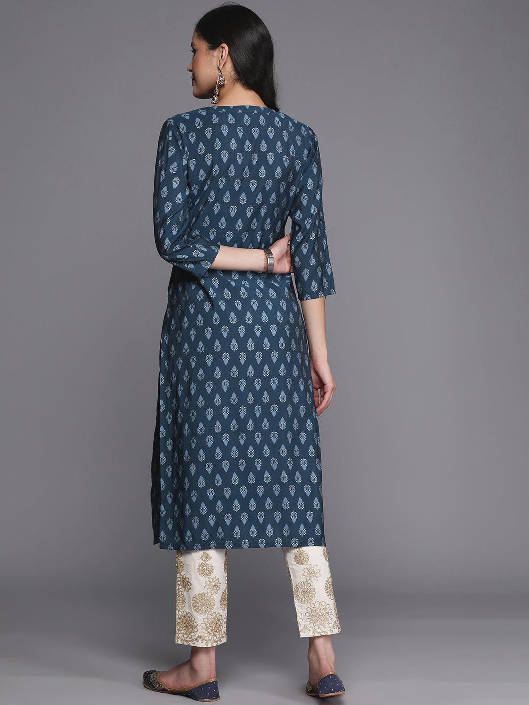 Blue Printed Silk Straight Kurta