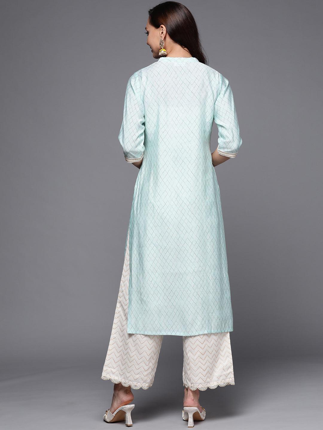 Blue Printed Silk Straight Kurta