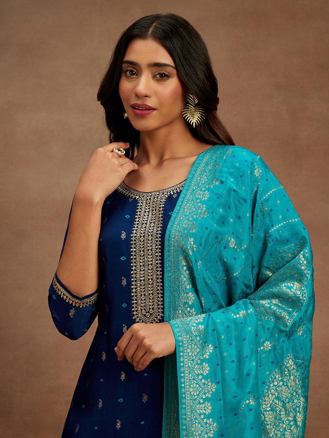 Blue Printed Silk Straight Suit With Dupatta