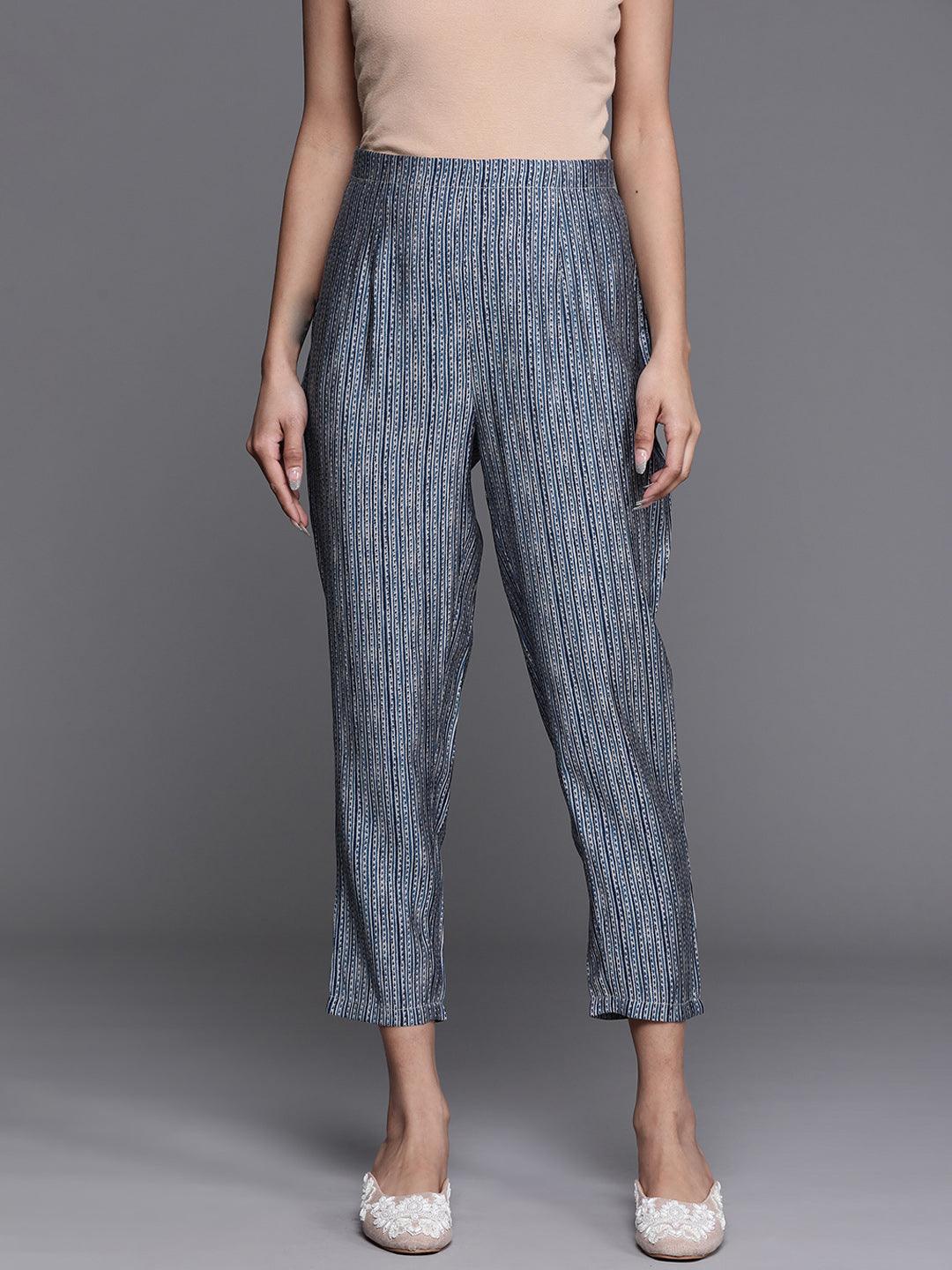 Blue Printed Silk Trousers - ShopLibas