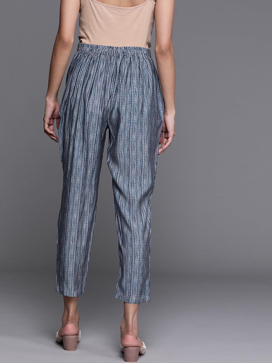 Blue Printed Silk Trousers - ShopLibas