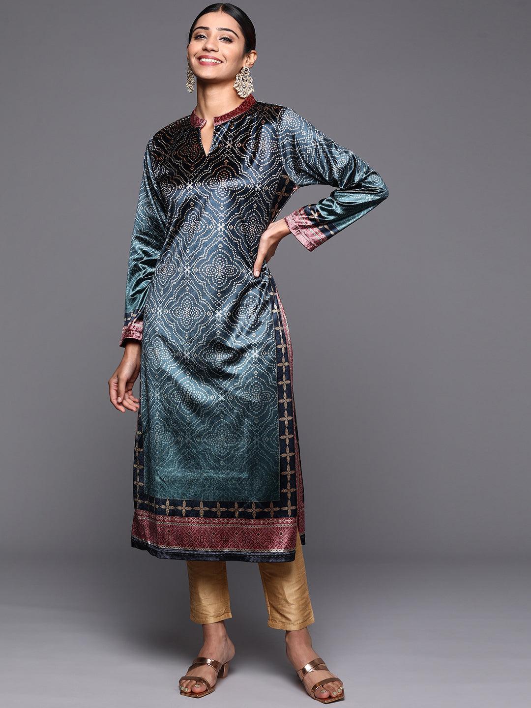 Blue Printed Velvet Straight Kurta