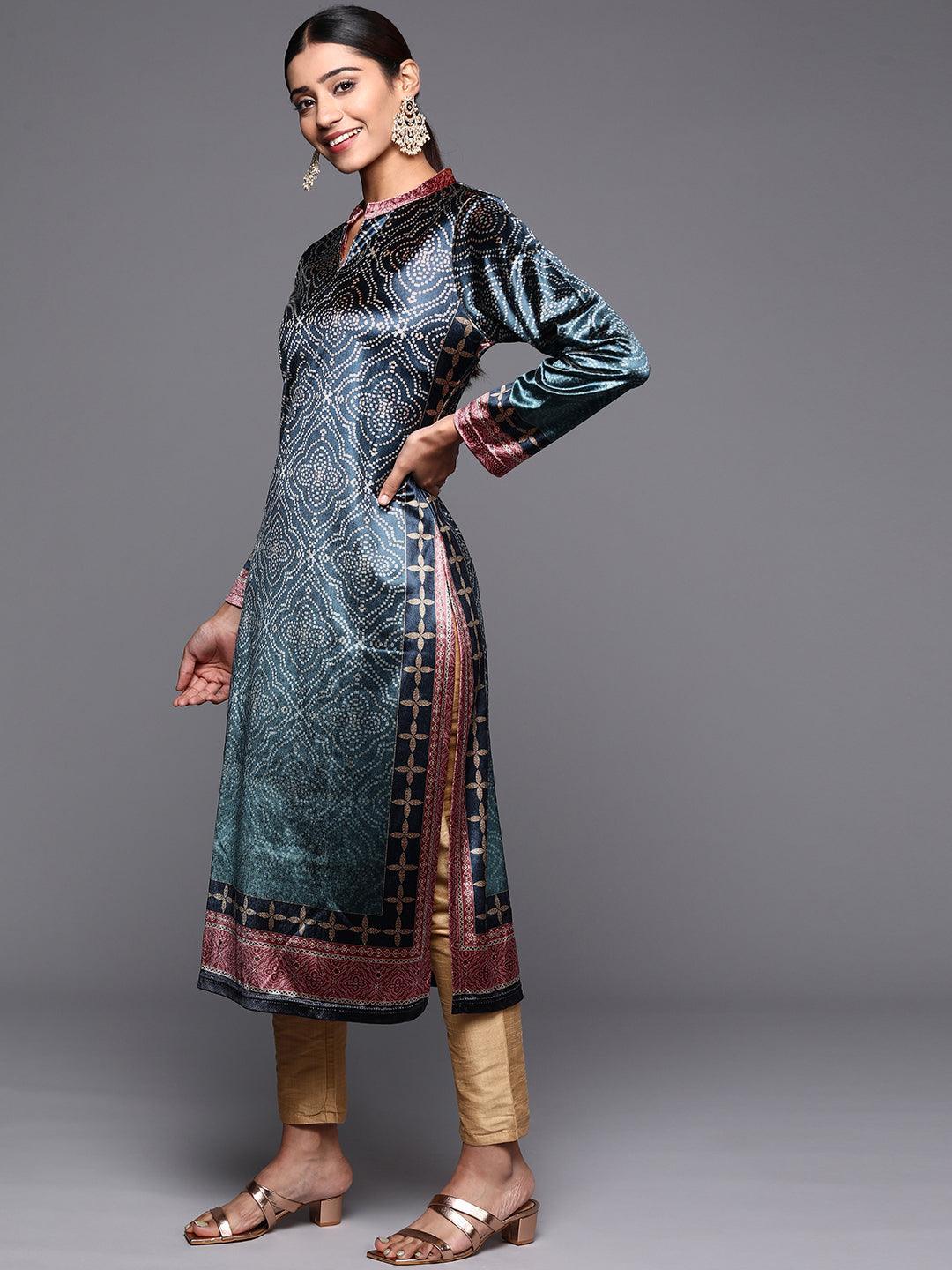 Blue Printed Velvet Straight Kurta