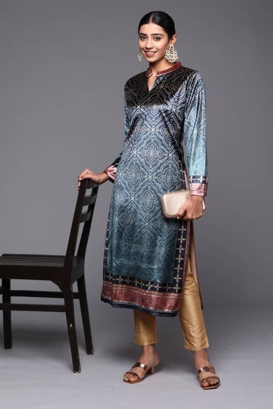 Blue Printed Velvet Straight Kurta