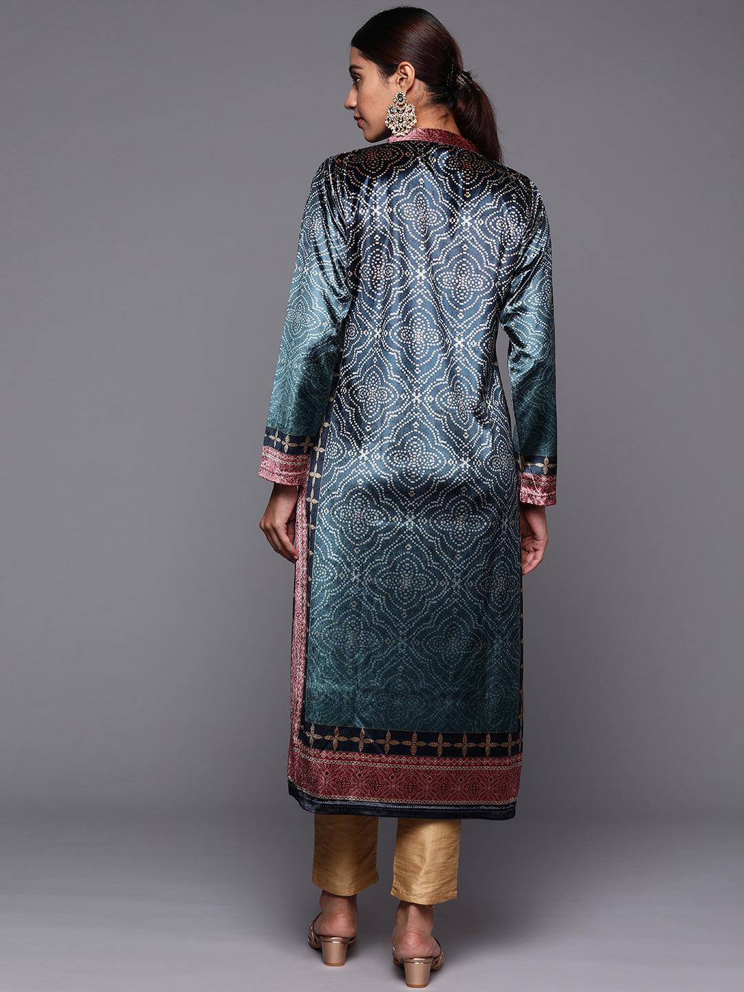 Blue Printed Velvet Straight Kurta