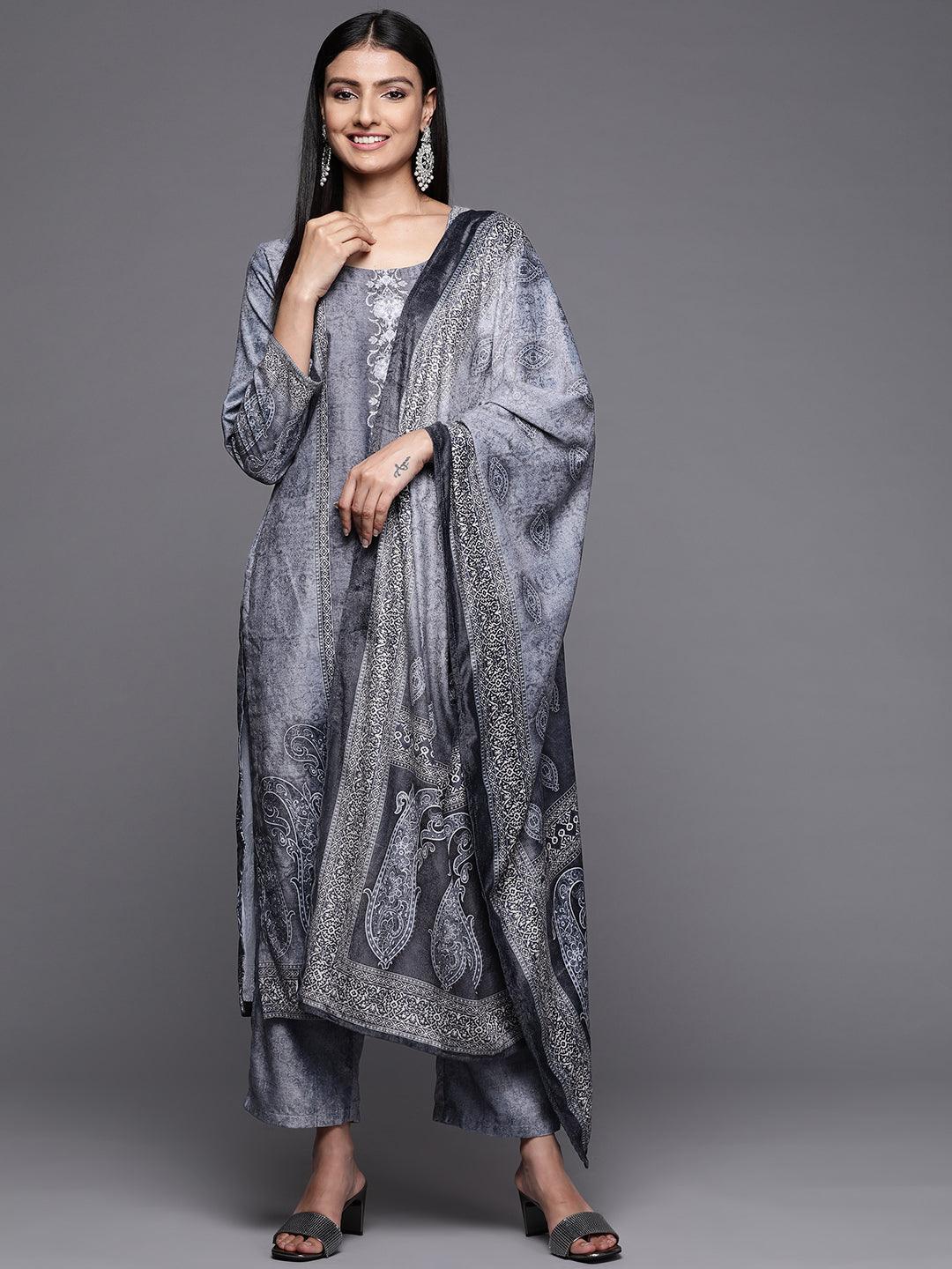 Blue Printed Velvet Straight Suit Set - ShopLibas