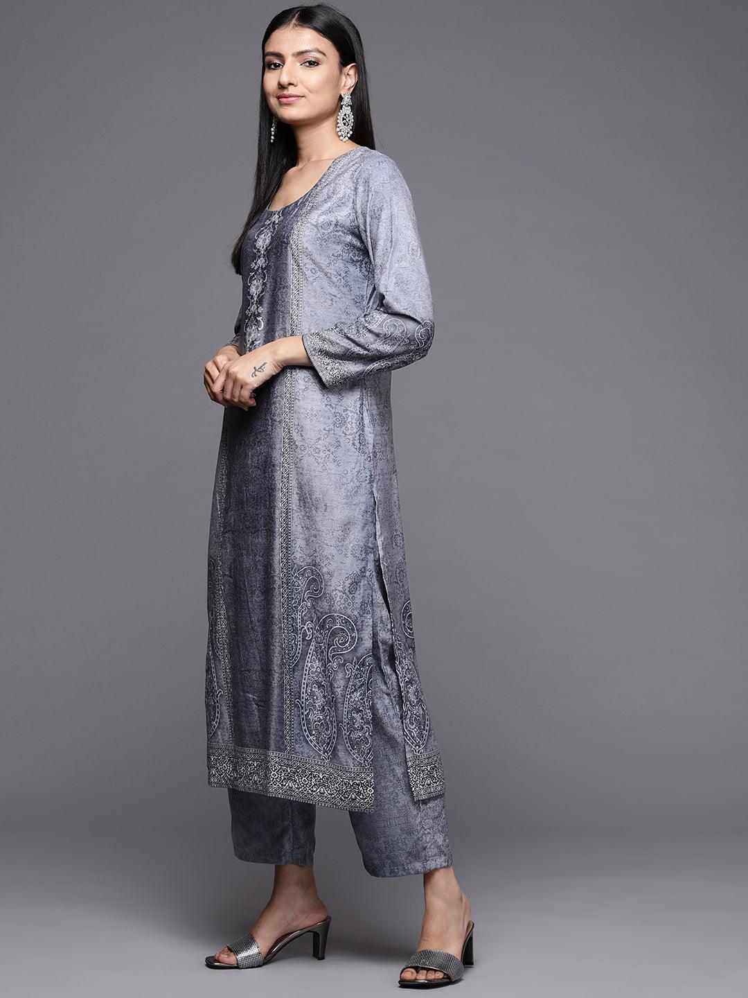 Blue Printed Velvet Straight Suit Set - ShopLibas