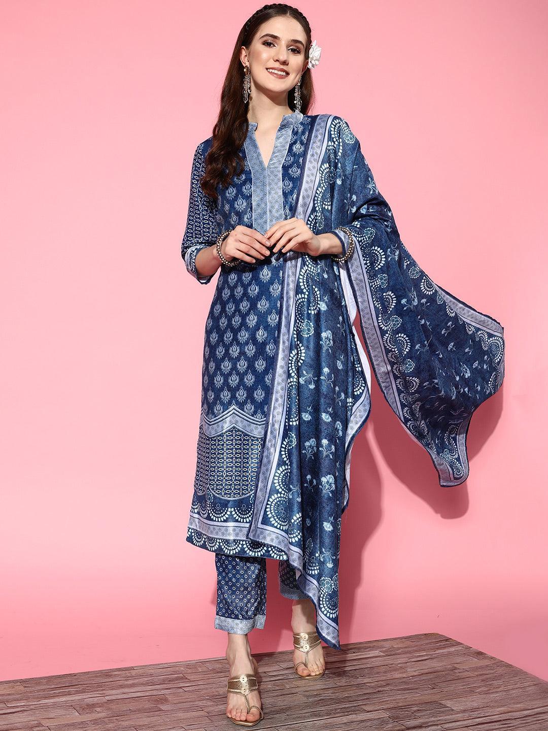 Blue Printed Velvet Straight Kurta With Palazzos & Dupatta