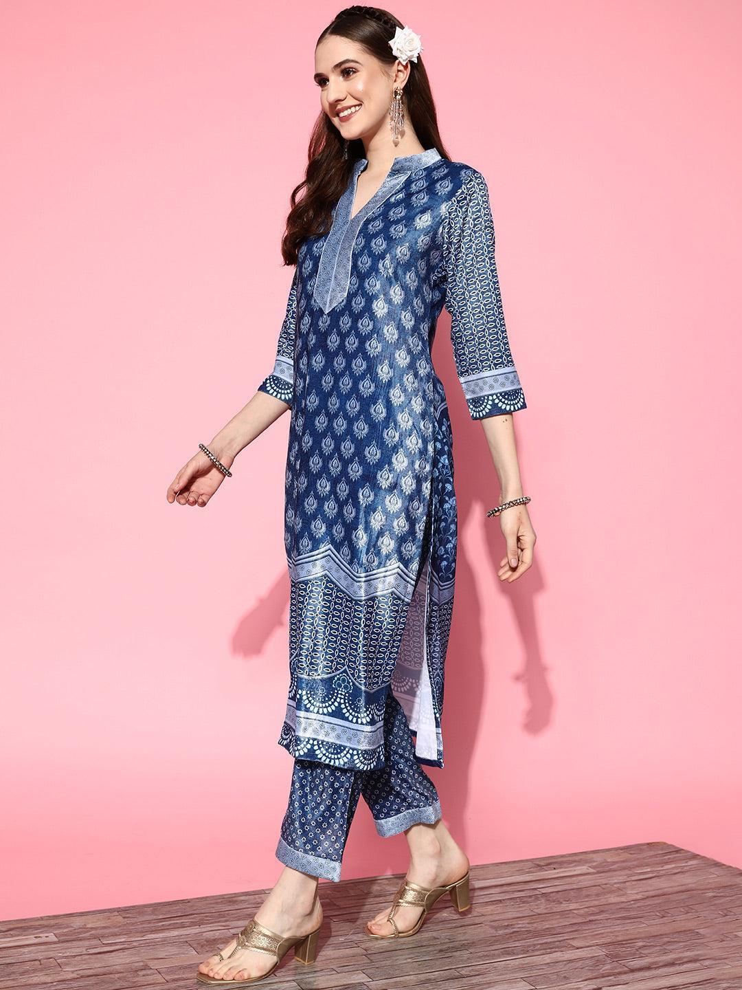 Blue Printed Velvet Straight Kurta With Palazzos & Dupatta