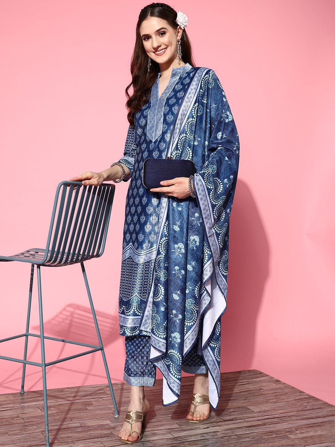 Blue Printed Velvet Straight Kurta With Palazzos & Dupatta