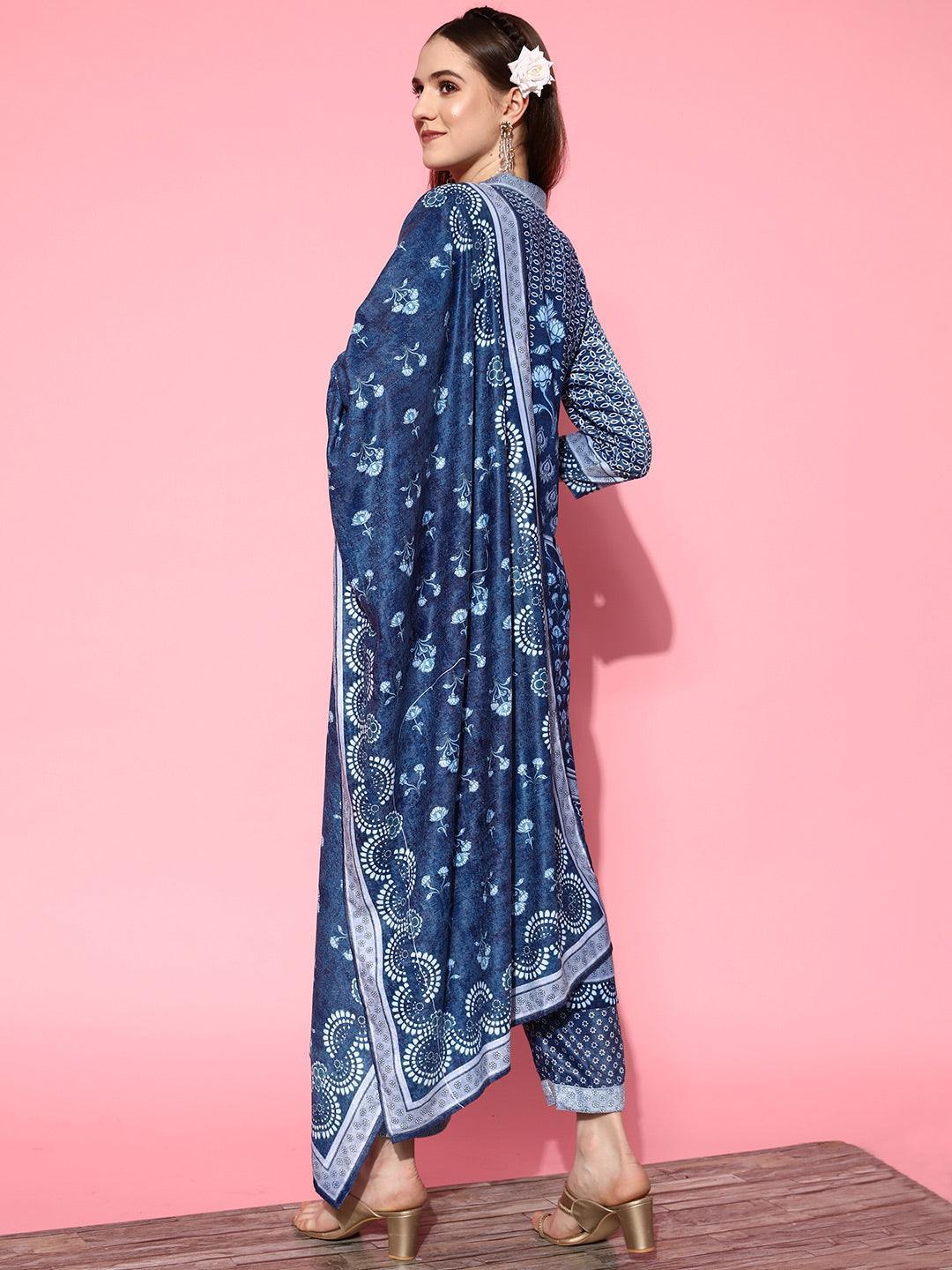 Blue Printed Velvet Straight Kurta With Palazzos & Dupatta