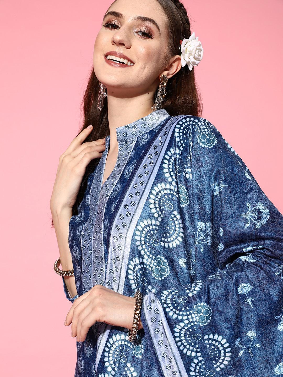 Blue Printed Velvet Straight Kurta With Palazzos & Dupatta