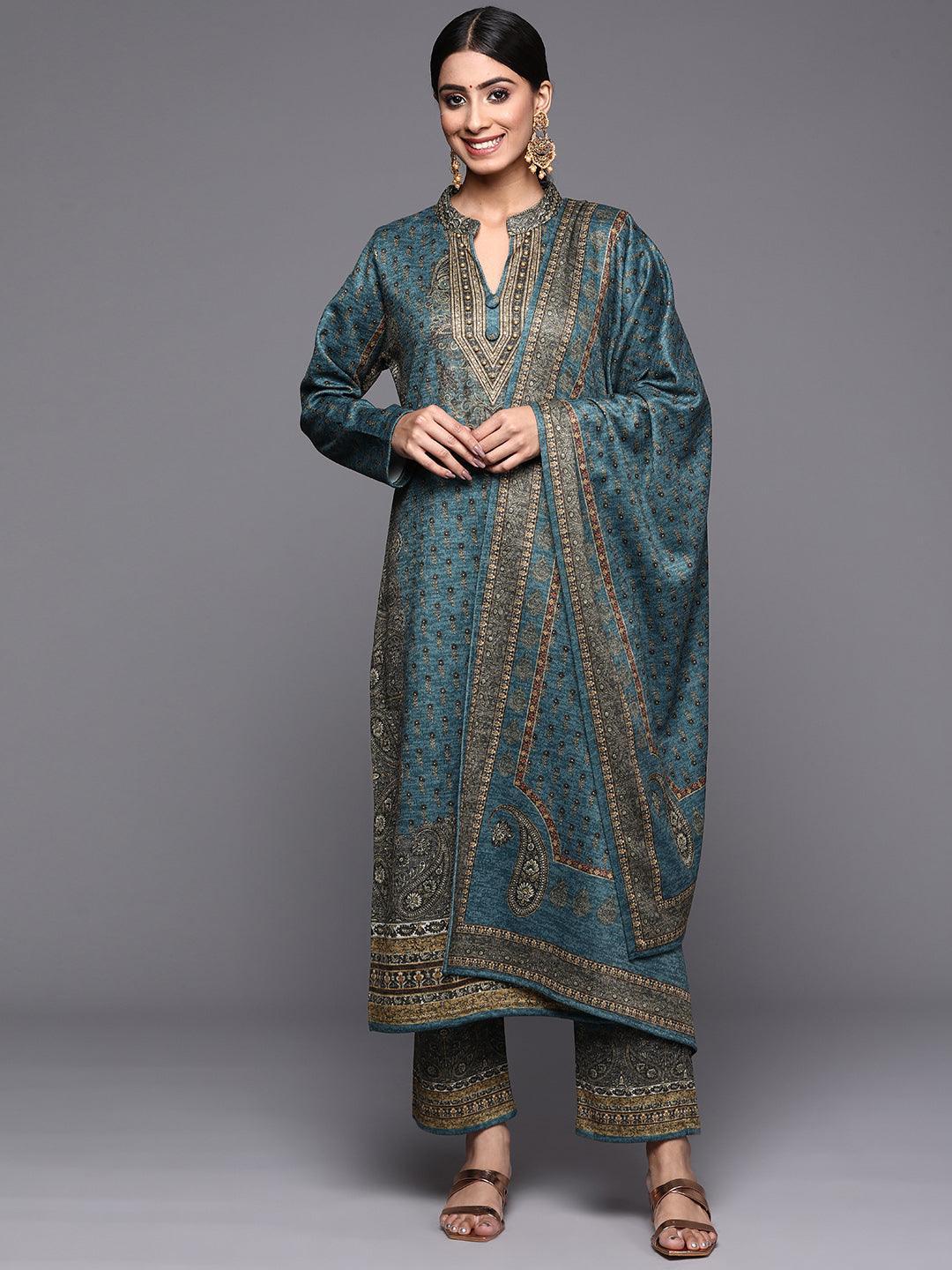 Blue Printed Wool Straight Suit Set