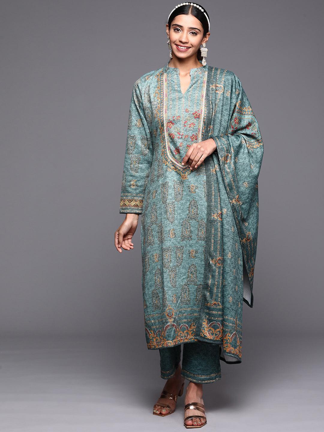 Blue Printed Wool Straight Suit Set