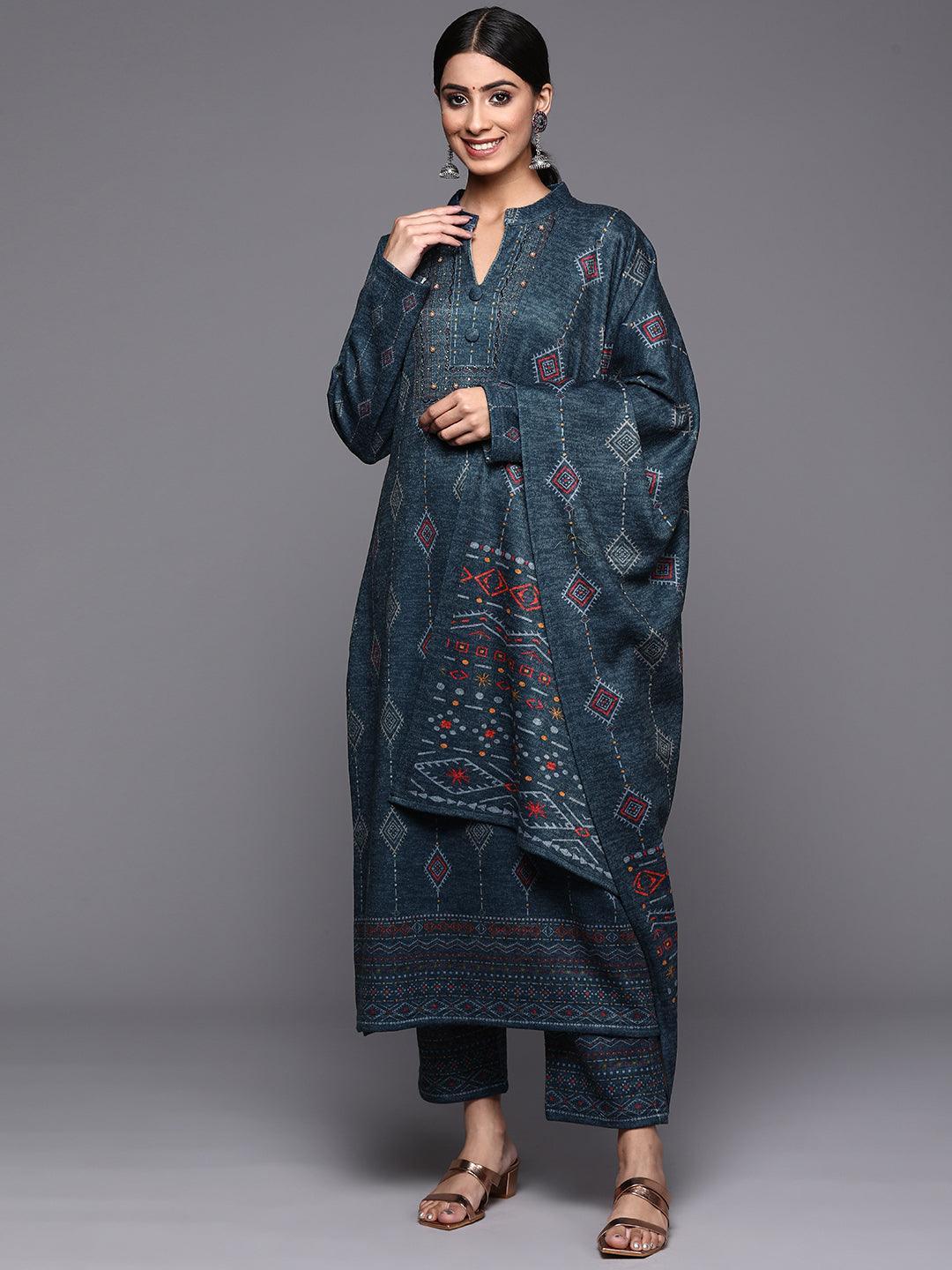 Blue Printed Wool Straight Suit Set