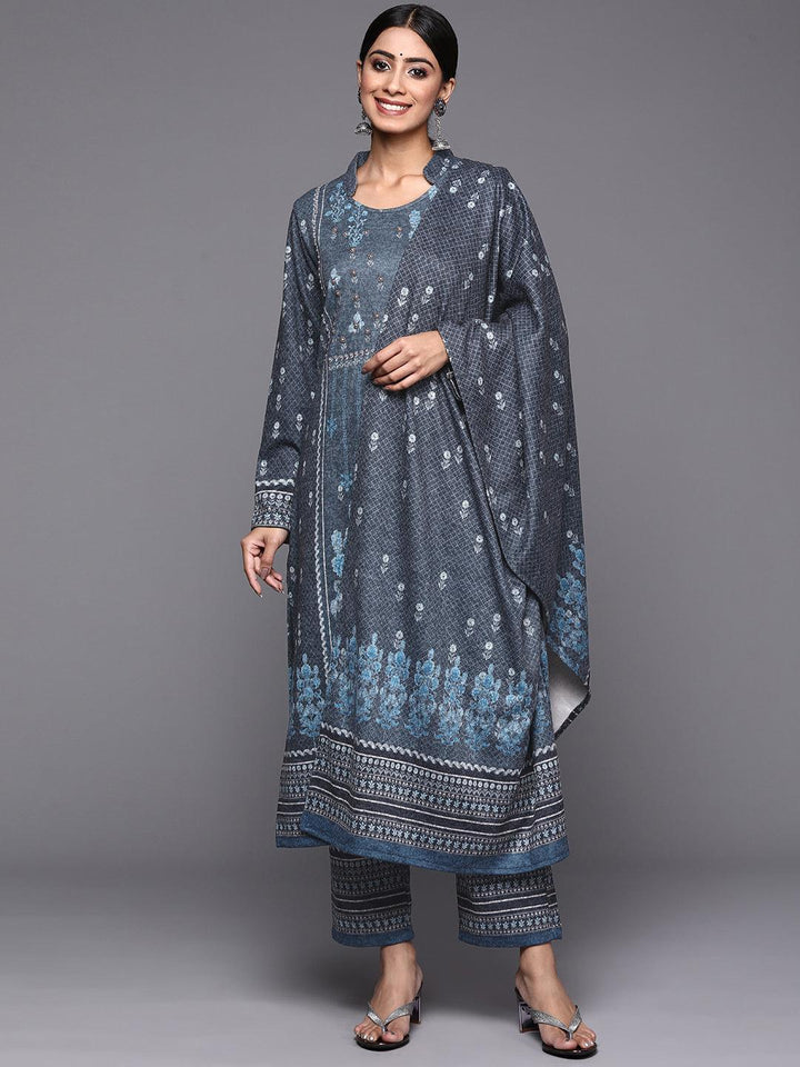 Blue Printed Wool Straight Suit Set - ShopLibas