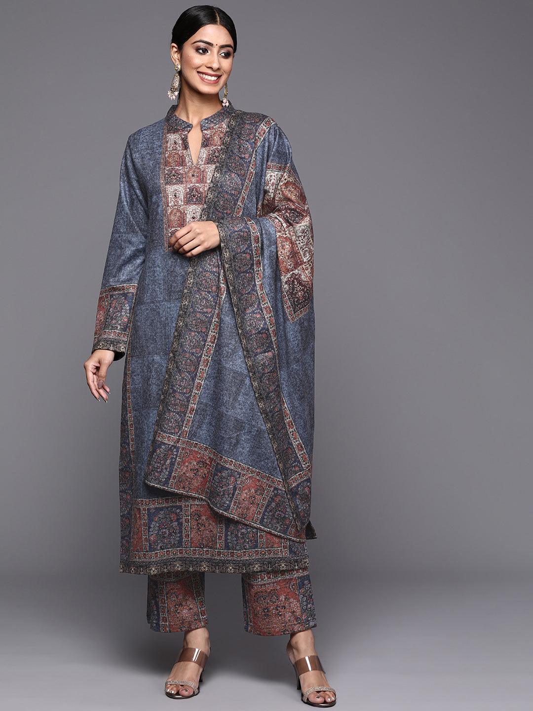 Blue Printed Wool Straight Suit Set