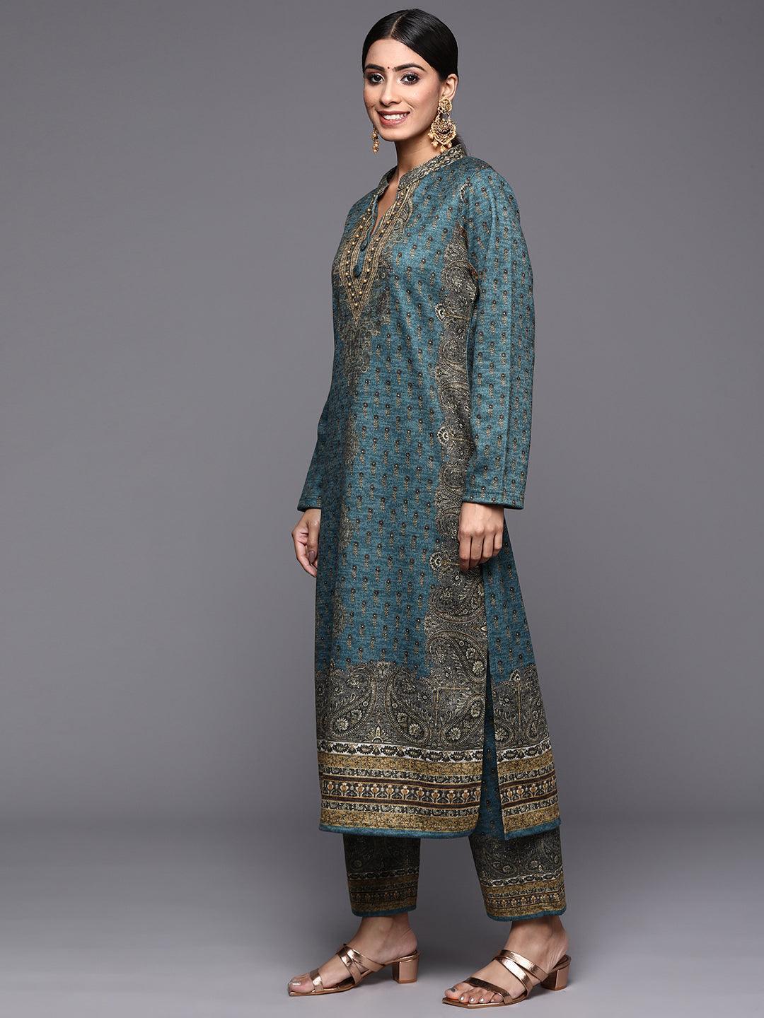 Blue Printed Wool Straight Suit Set