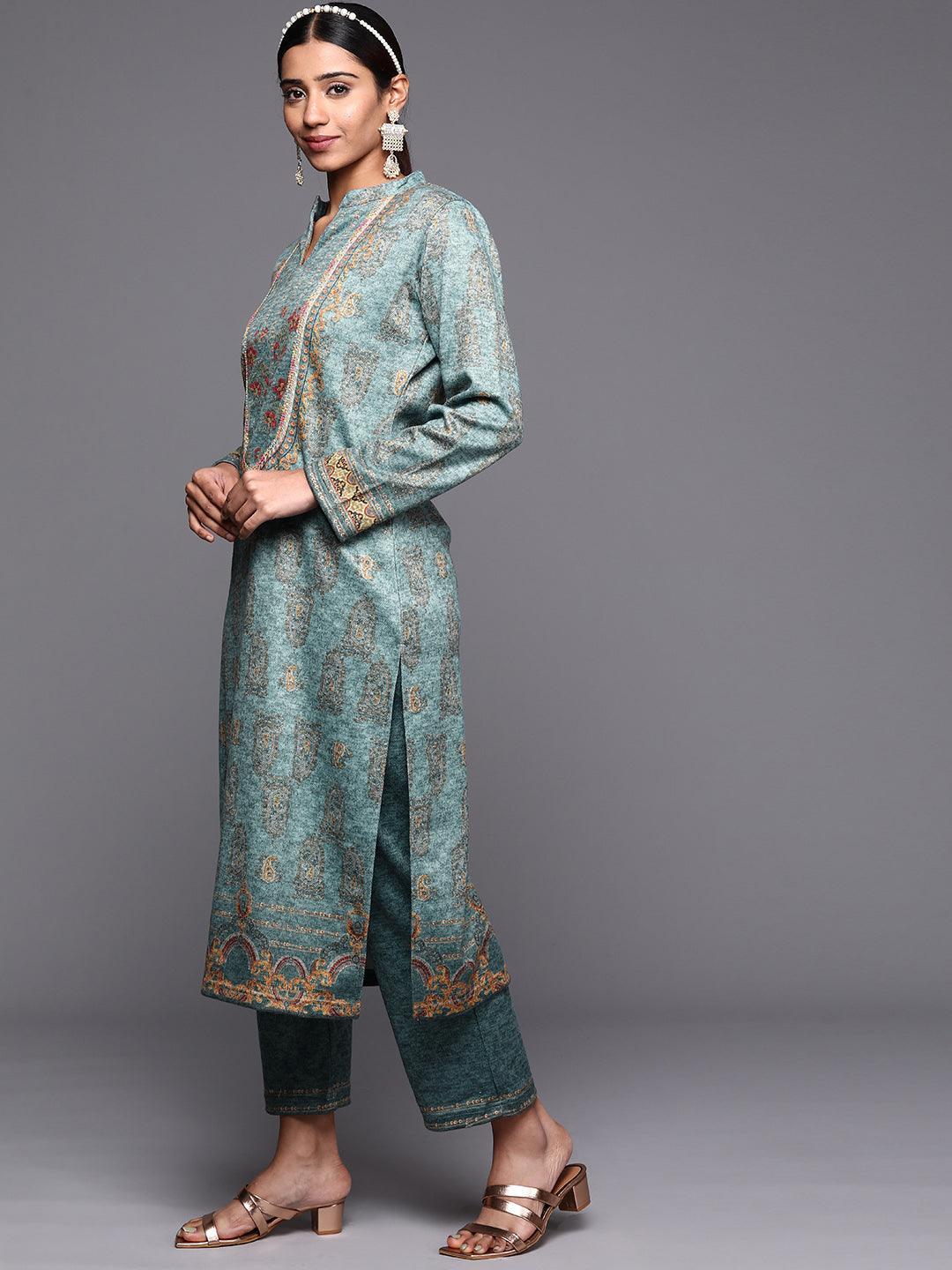 Blue Printed Wool Straight Suit Set