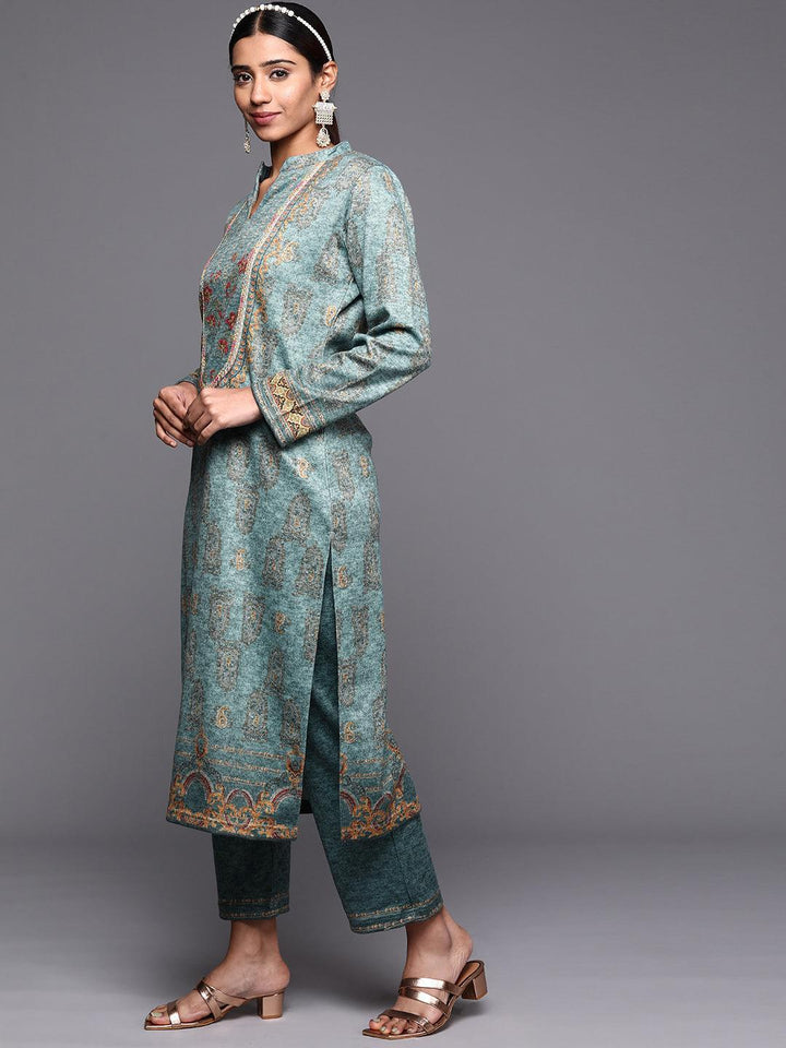 Blue Printed Wool Straight Suit Set - ShopLibas