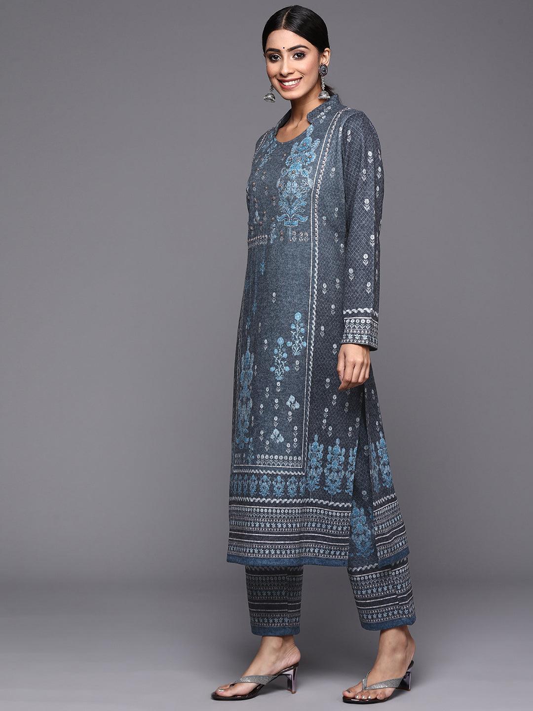 Blue Printed Wool Straight Suit Set