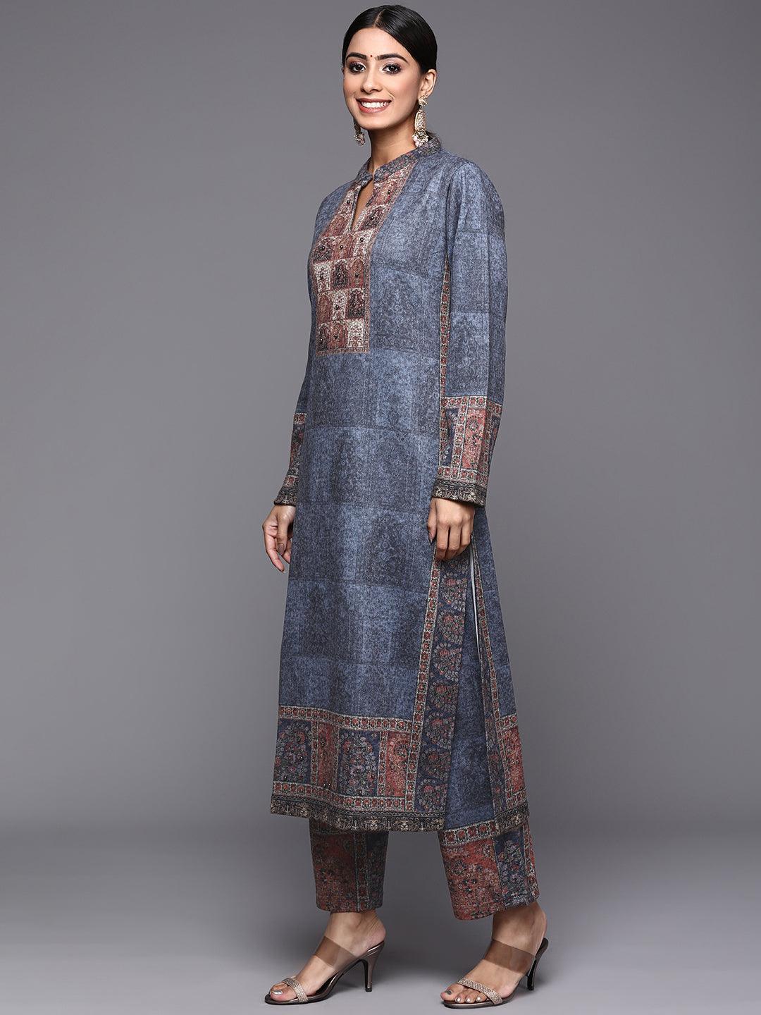 Blue Printed Wool Straight Suit Set