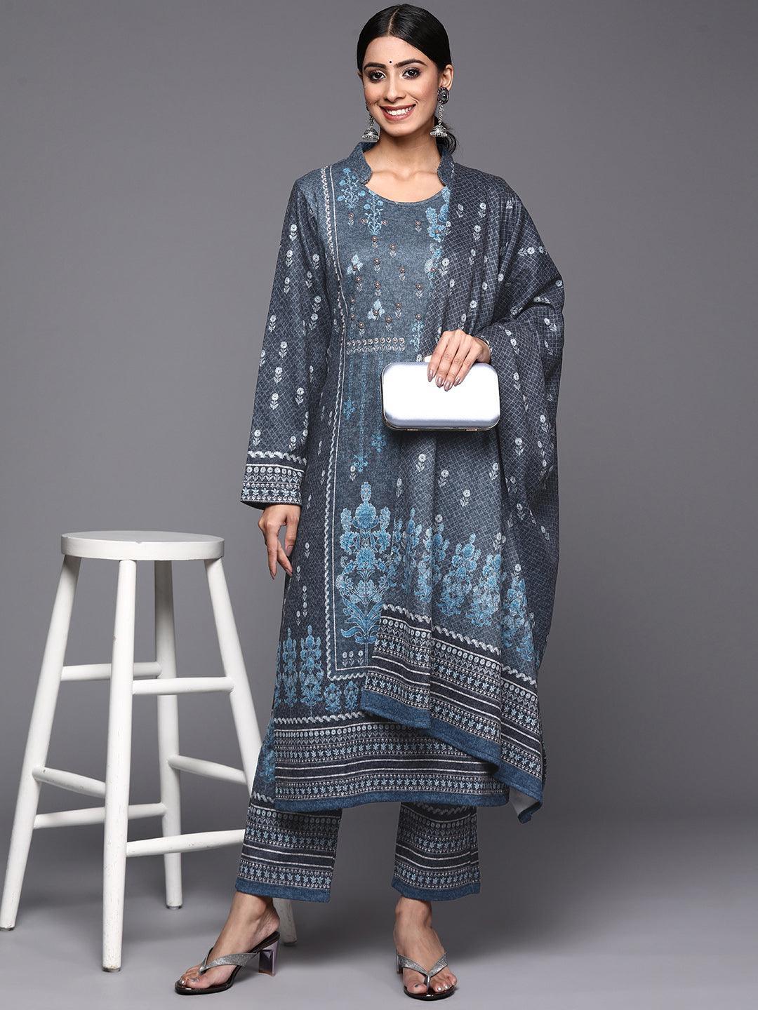 Blue Printed Wool Straight Suit Set