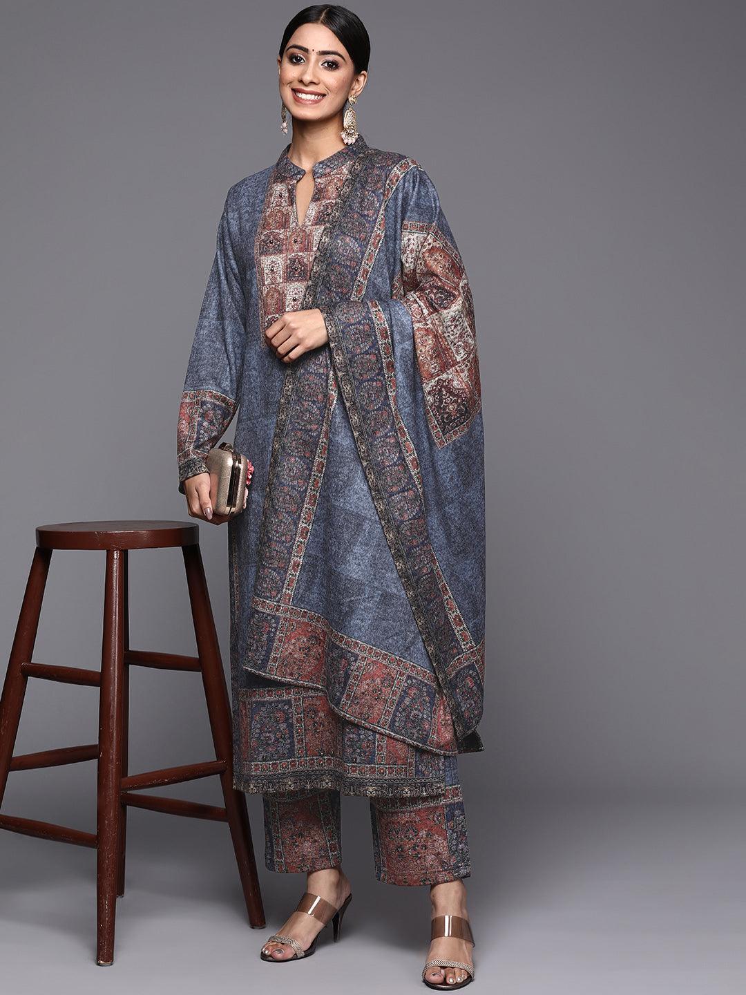 Blue Printed Wool Straight Suit Set