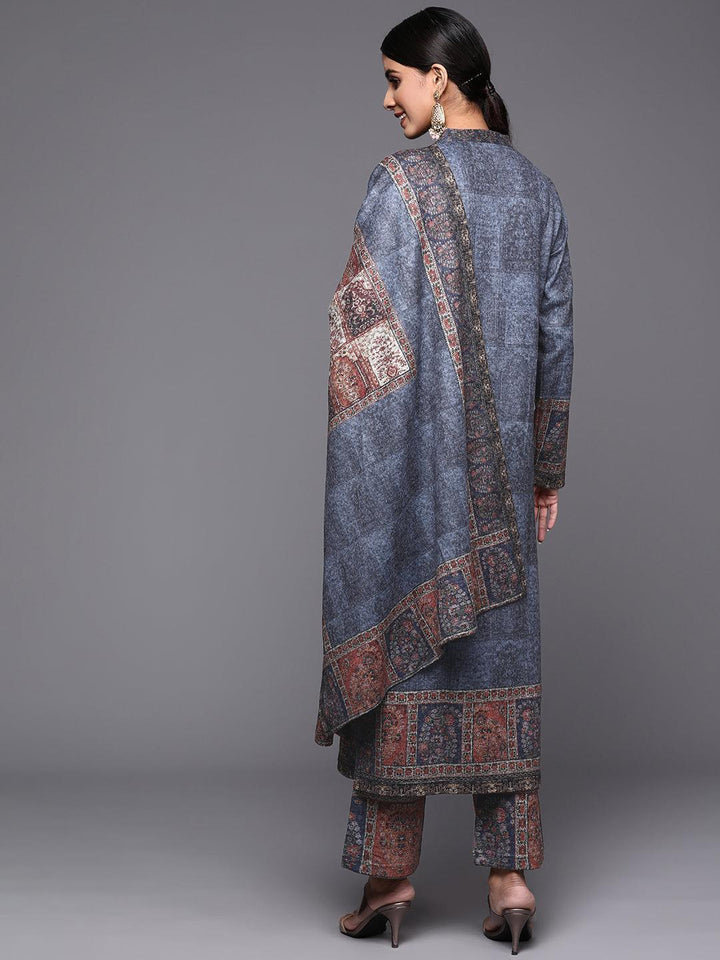 Blue Printed Wool Straight Suit Set - ShopLibas