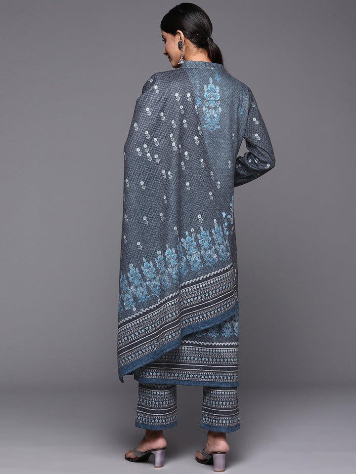 Blue Printed Wool Straight Suit Set - ShopLibas