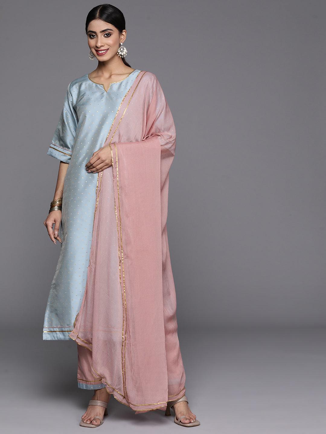 Blue Self Design Art Silk Straight Kurta With Trousers & Dupatta - Libas