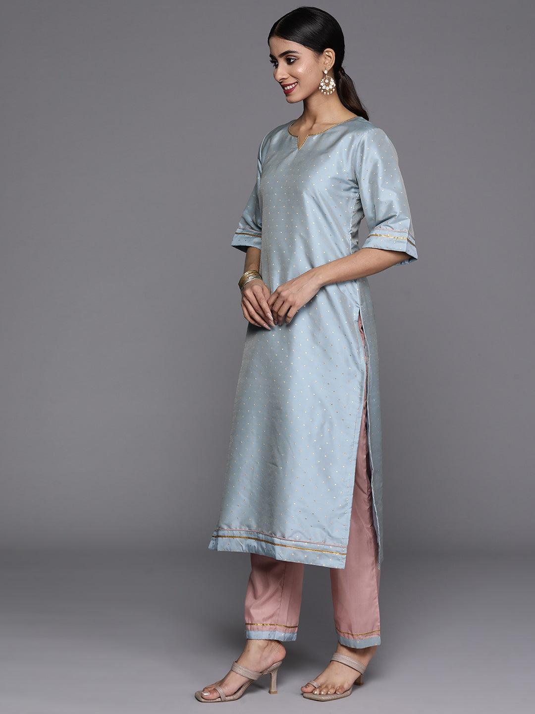 Blue Self Design Art Silk Straight Kurta With Trousers & Dupatta - Libas