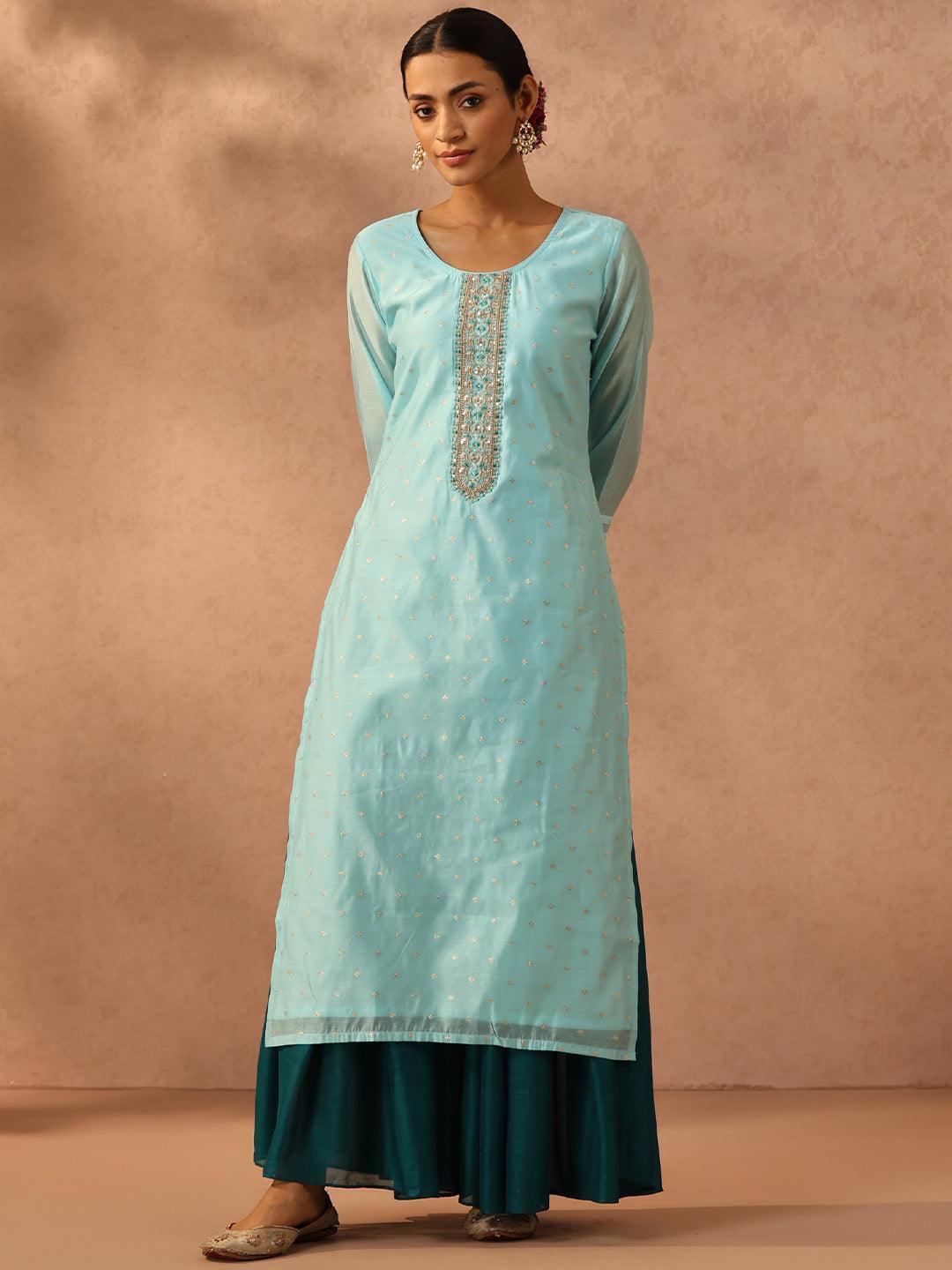 Blue Embellished Chanderi Silk Straight Kurta