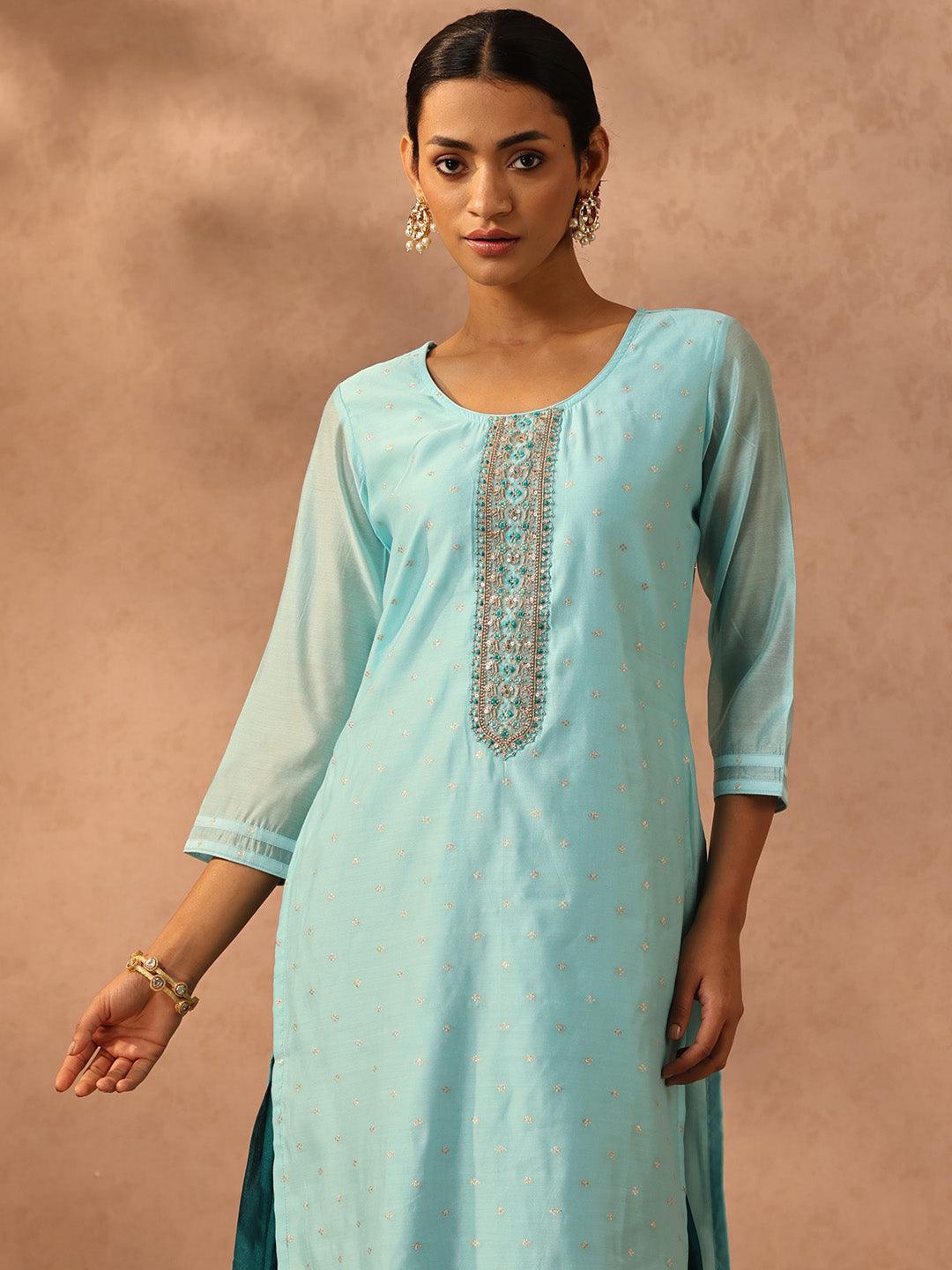 Blue Embellished Chanderi Silk Straight Kurta