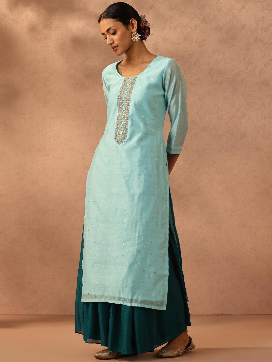 Blue Embellished Chanderi Silk Straight Kurta