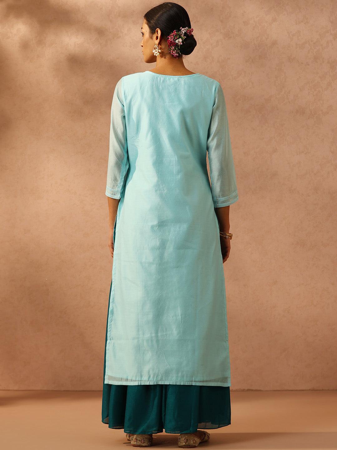 Blue Embellished Chanderi Silk Straight Kurta